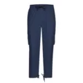 Vista detallada de pantalones cargo para hombre en azul marino con bolsillos múltiples y cordón. - Azul marino