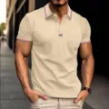 Chemise Polo Homme Manches Courtes Revers Couleur Contrastée Rayé Slim Fit Top Été - Kaki