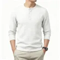 Herren Retro Jacquard Waffel Langarm Henley T-Shirt Freizeit Outdoor Top weiss Detail - S / Oberteile / Weiß