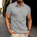 Men's casual grey polo shirt short sleeve with tricolor stripes collar summer stylish top - S / Tops / Gray