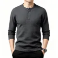 Herren Retro Jacquard Waffel Langarm Henley Shirt Laessige Freizeit Outdoor Top Grau - S / Oberteile / Dunkelgrau