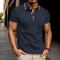 Polo manches courtes homme avec col rayé contrasté coupe slim haut décontracté - Bleu marine
