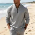 Herren graues Waffel Jacquard Stehkragen Viertelreißverschluss Sweatshirt Detail Ansicht - S / Oberteile / Grau