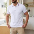 Men's casual short sleeve polo shirt with contrast tipping collar and button placket. - S / Tops / White