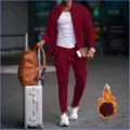 Men waffle knit full zip cardigan and matching trousers tracksuit set, thick winter outfit. - Burgundy