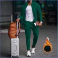 Men's thickened waffle knit cardigan jacket and pants set with lapel and pockets for autumn and winter. - Dark Green
