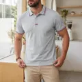 Men's casual short sleeve polo shirt light grey collared top with striped trim details - S / Tops / Gray