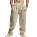 Herren Leinen Freizeithose lockere Passform gerades Bein Kordelzug Hose mit Flagge - S / Unterteile / Khaki