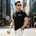 Men's short sleeve polo shirt casual business slim fit black top with white contrast collar - S / Tops / Black