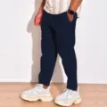 Men casual navy trousers detail, comfy linen blend fabric, multi-pocket design for summer. - S / Bottoms / Navy Blue