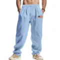 Men light blue linen casual wide leg pants with US flag patch, comfortable streetwear trousers. - S / Bottoms / Light Blue