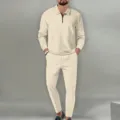 Herren Waffelstrick Langarm Polo Shirt und Freizeithose Zweiteiler Trainingsanzug. - S / Oberteil und Unterteil / Khaki