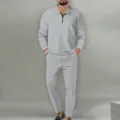 Herren Waffelstrick Langarm Polohemd und Freizeithose Zweiteiler Trainingsanzug Grau - S / Oberteil und Unterteil / Grau