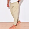 Men casual linen trousers detail view, breathable summer cotton blend pants with pockets. - S / Bottoms / Khaki