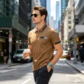 Detail view of men's casual polo shirt featuring contrast lapel collar, buttons and chest pocket. - Dark Brown