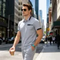 Detail view of men's casual polo shirt set in light grey, featuring contrast trim and pocket. - S / Tops / Light Gray