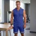 Men summer athletic sleeveless hoodie and shorts set casual breathable sportswear outfit - Blue