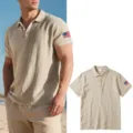 Men's casual linen short-sleeve polo shirt with US flag embroidery for summer daily wear. - S / Tops / Light Khaki
