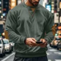 Men's casual long sleeve corduroy sweatshirt with contrast elbow patches and comfortable crew neck. - Green