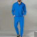 Men casual waffle knit long sleeve polo shirt and trousers two piece outfit blue set - S / Top And Bottom / Blue