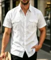 Herren lässiges Kurzarm Hemd Sommer weiss Leinen Stil Detail Ansicht und gute Passform. - S / Oberteil und Unterteil / Weiß