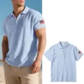 Men's light blue linen short sleeve polo shirt with US flag sleeve patch casual top. - Light Blue