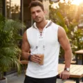 Sudadera sin mangas casual de gofre para hombre con cordón y cuello en V blanco de verano. - Blanco