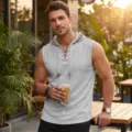 Vista detallada de la sudadera sin mangas waffle para hombre con cordón ajustable. - Gris claro
