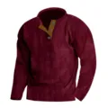 Detailed view of men corduroy henley long sleeve shirt burgundy fabric texture button placket. - S / Tops / Burgundy