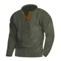 Detail view of men's army green corduroy long sleeve henley shirt with button placket. - S / Tops / Army Green