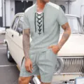 Herren Freizeit Waffelstrick Kurzarm T-Shirt und Shorts Set mit Schnürung Detail. - S / Oberteil und Unterteil / Grau