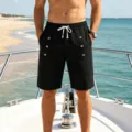 Men's casual black cotton linen summer shorts with drawstring and stylish buttons. - S / Bottoms / Black
