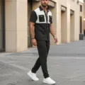 Herren Waffelstrick Kurzarmhemd und Hose Freizeit Set Detailansicht mit Farbblock und Textur. - S / Oberteil und Unterteil / Schwarz