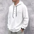 Men's linen hooded long sleeve shirt casual loose pullover with drawstring and button design. - S / Tops / White