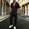 Herren Lässiges Waffelmuster Zweiteiler Kurzarm V-Ausschnitt Oberteil und Hose Sommer - S / Oberteil und Unterteil / Schwarz