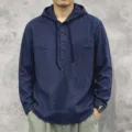 Men's casual long sleeve linen hoodie with drawstring and buttons, comfortable fit. - Navy Blue