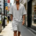Men casual waffle knit two piece set v neck short sleeve t shirt and shorts summer outfit - S / Top And Bottom / Light Gray