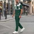 Detailansicht des Herren Waffel-Muster Kurzarm Hemd und lange Hose Freizeit Anzugs. - S / Oberteil und Unterteil / Dunkelgrün