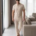 Men casual waffle knit short sleeve shirt and lounge pants set, comfortable summer outfit. - Khaki