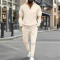 Herren Waffelstrick Pullover Set mit halbem Reißverschluss und Kontrast-Flicken im Casual Look. - S / Oberteil und Unterteil / Khaki