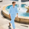 Men's light blue cotton linen casual long sleeve shirt and matching pants set outdoor detail view. - S / Top And Bottom / Sky Blue