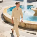 Outdoor casual detail shot of a mens linen long sleeve shirt and matching pants set. - Khaki