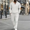 Detailansicht Herren Waffelstrick Langarm Halb-Reißverschluss Sweatshirt und Hosen Set. - S / Oberteil und Unterteil / Weiß