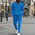 Men waffle knit half zip sweatshirt and sweatpants casual sportswear set detail. - Blue