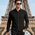 Mens black long sleeve linen shirt with chest pocket breathable casual button down top - S / Tops / Black