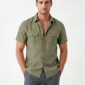 Men's casual linen short sleeve utility shirt with dual chest pockets for summer style. - Army Green