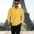 Men's yellow long sleeve linen shirt casual business holiday breathable pocket top button down - S / Tops / Yellow