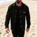Men's black waffle long sleeve shirt detail, casual lapel design with snap buttons. - S / Tops / Black