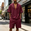 Men's waffle knit short sleeve V-neck t-shirt and shorts two piece casual streetwear set. - S / Top And Bottom / Burgundy