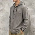 Men casual linen hooded long sleeve shirt with drawstrings and front buttons detail view. - S / Tops / Gray